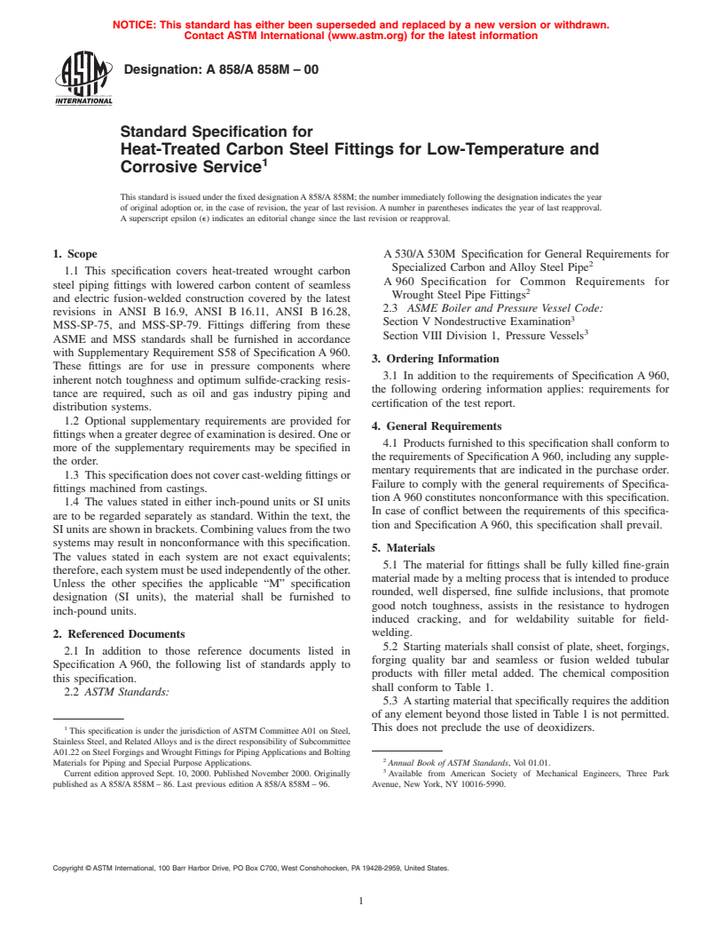ASTM A858/A858M-00 - Standard Specification for Heat-Treated Carbon Steel Fittings for Low-Temperature and Corrosive Service
