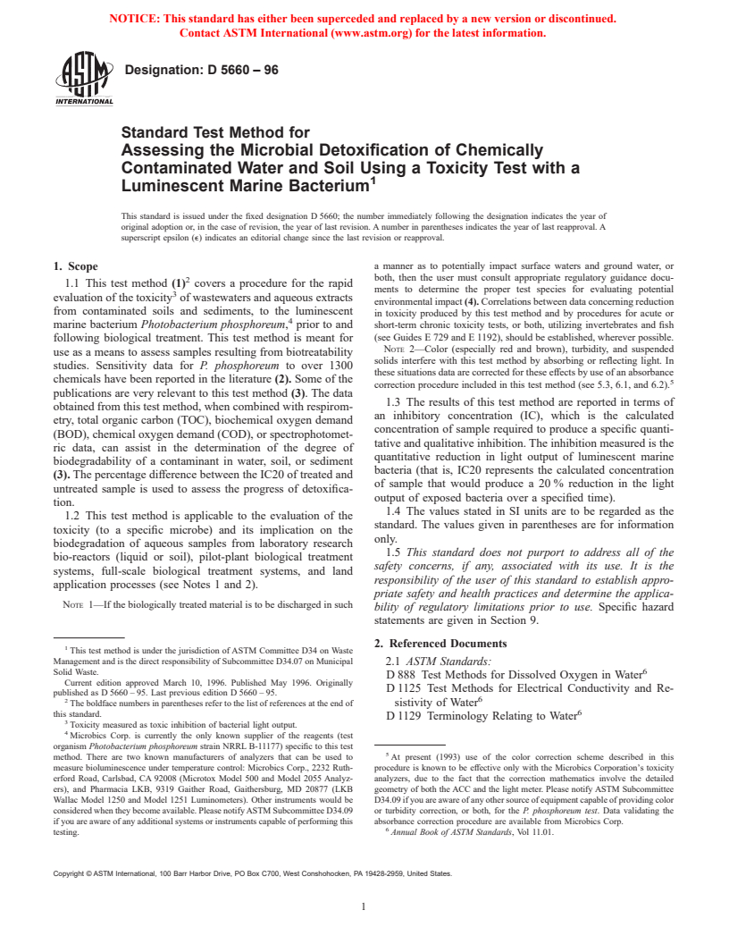 ASTM D5660-96 - Standard Test Method for Assessing the Microbial Detoxification of Chemically Contaminated Water and Soil Using a Toxicity Test with a Luminescent Marine Bacterium