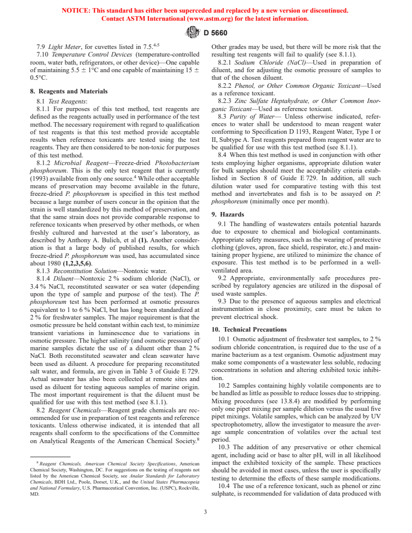 ASTM D5660-96 - Standard Test Method for Assessing the Microbial Detoxification of Chemically Contaminated Water and Soil Using a Toxicity Test with a Luminescent Marine Bacterium