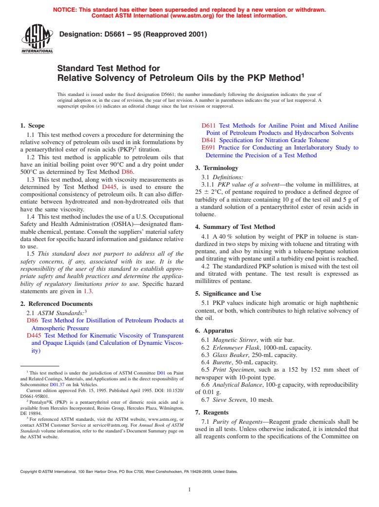 ASTM D5661-95(2001) - Standard Test Method for Relative Solvency of Petroleum Oils by the PKP Method (Withdrawn 2010)