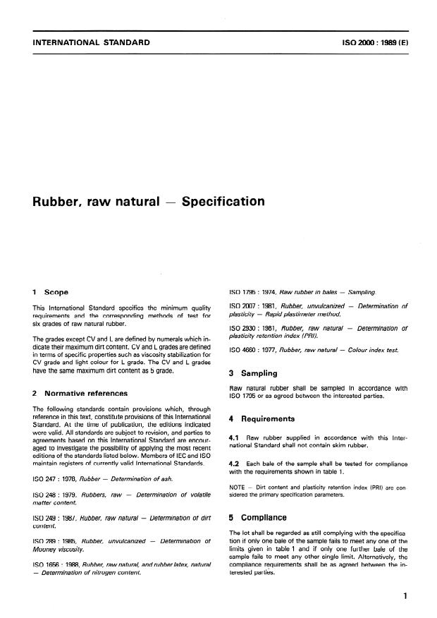 ISO 2000:1989 - Rubber, raw natural -- Specification