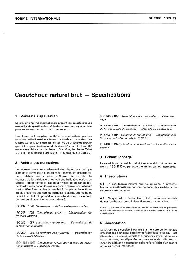 ISO 2000:1989 - Caoutchouc naturel brut -- Spécifications