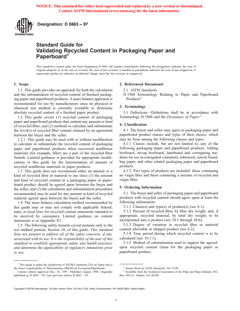 ASTM D5663-97 - Standard Guide for Validating Recycled Content in Packaging Paper and Paperboard