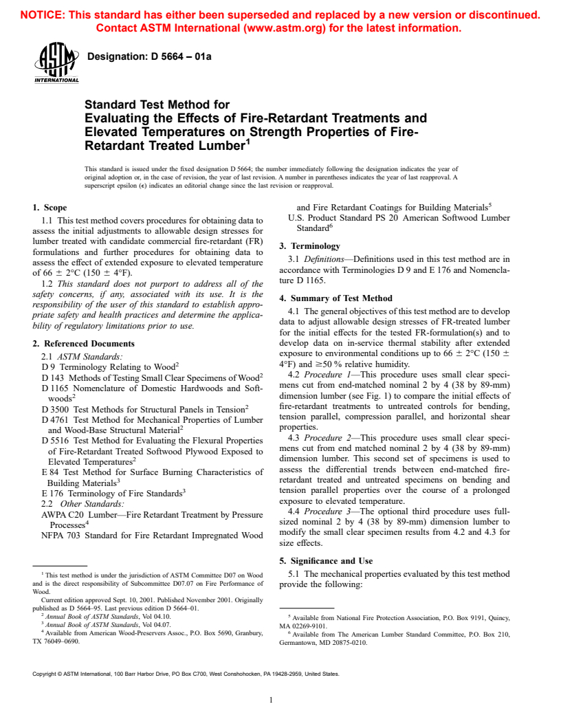 ASTM D5664-01a - Standard Test Method for Evaluating the Effects of Fire-Retardant Treatments and Elevated Temperatures on Strength Properties of Fire-Retardant Treated Lumber