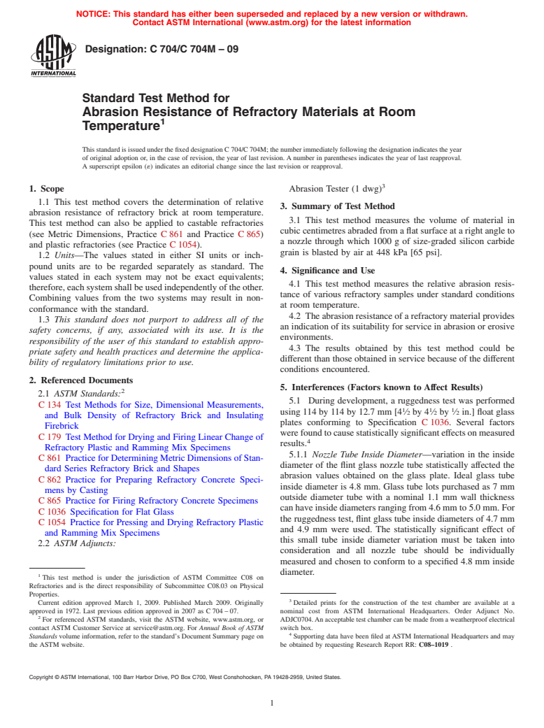 ASTM C704/C704M-09 - Standard Test Method for Abrasion Resistance of Refractory Materials at Room Temperature