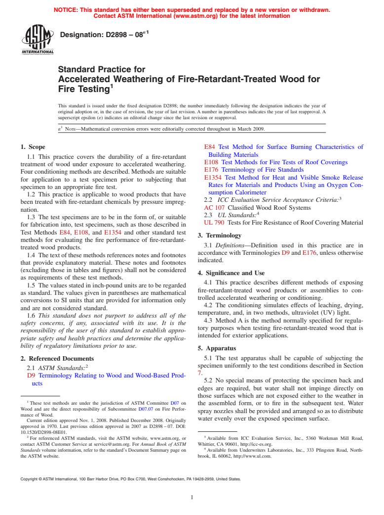 ASTM D2898-08e1 - Standard Practice for Accelerated Weathering of Fire-Retardant-Treated Wood for Fire Testing