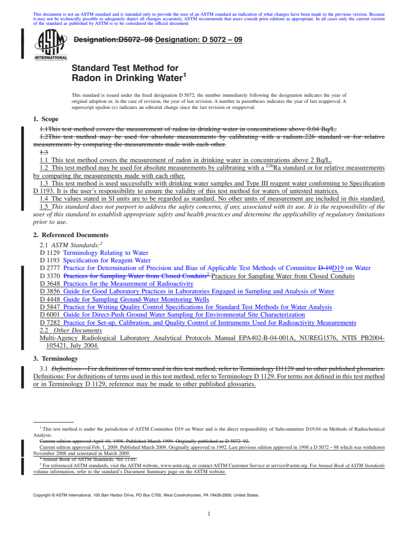 REDLINE ASTM D5072-09 - Standard Test Method for Radon in Drinking Water