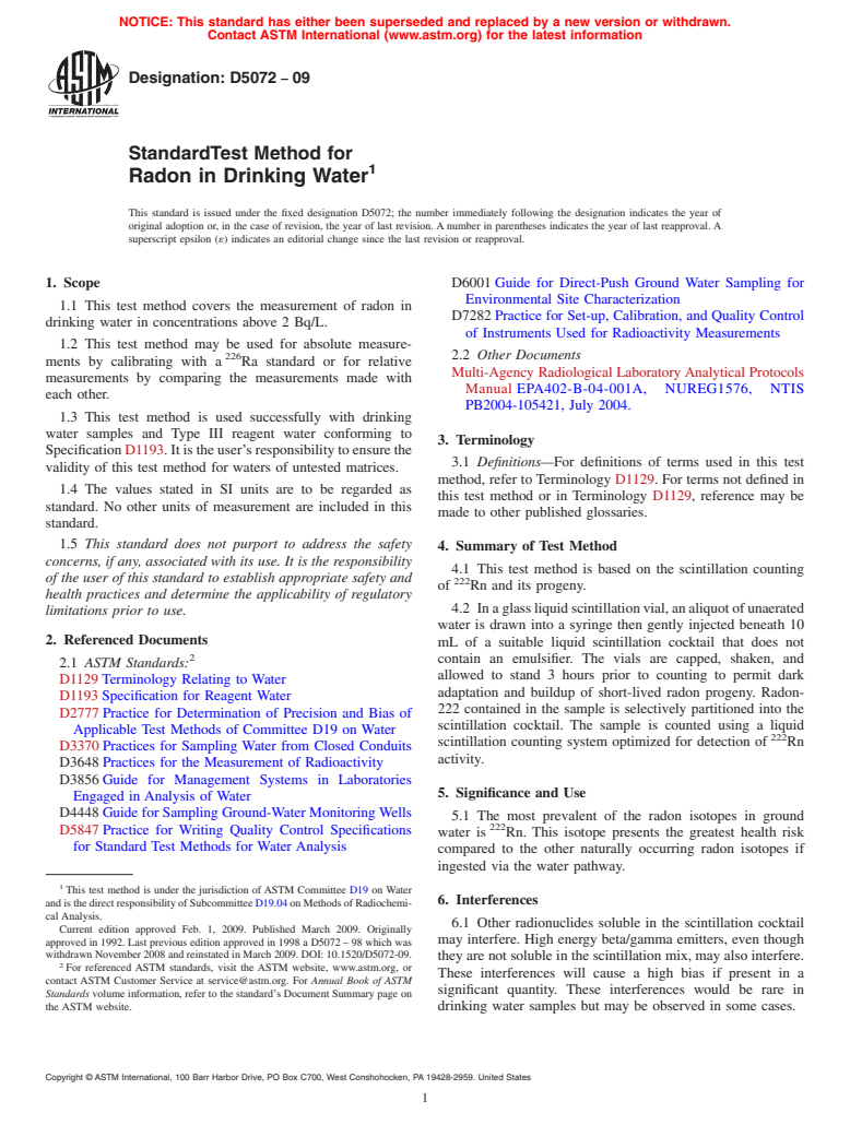 ASTM D5072-09 - Standard Test Method for Radon in Drinking Water