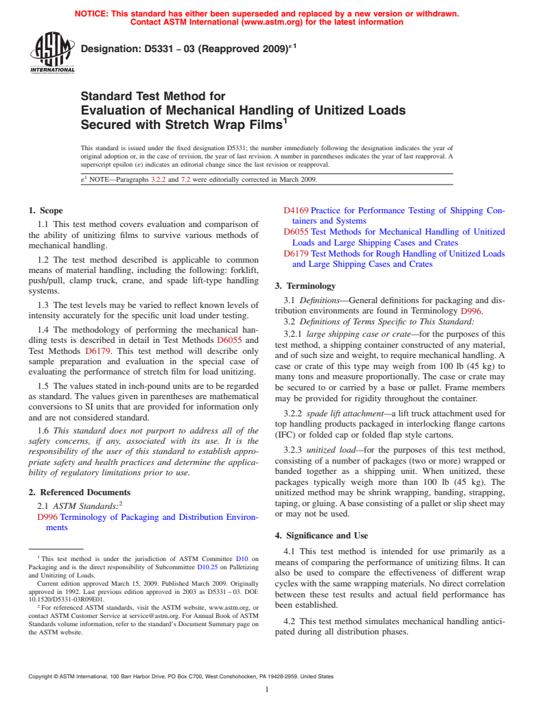 ASTM D5331-03(2009)e1 - Standard Test Method for Evaluation of Mechanical Handling of Unitized Loads Secured with Stretch Wrap Films