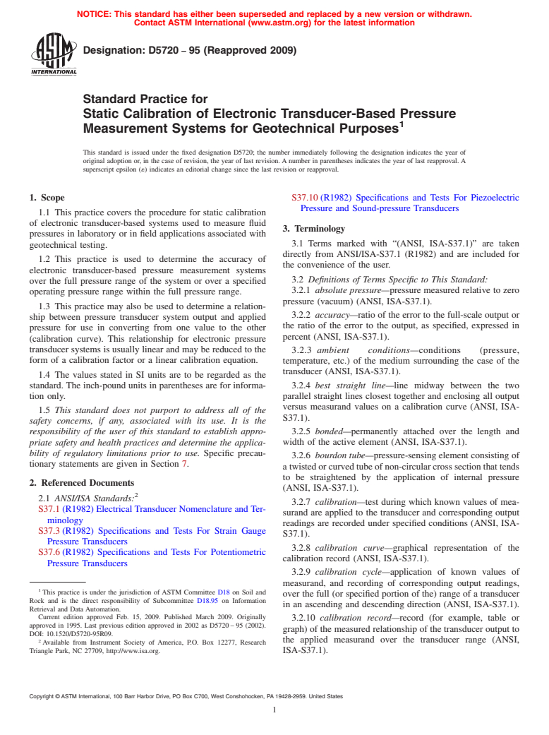 ASTM D5720-95(2009) - Standard Practice for Static Calibration of Electronic Transducer-Based Pressure Measurement Systems for Geotechnical Purposes (Withdrawn 2018)