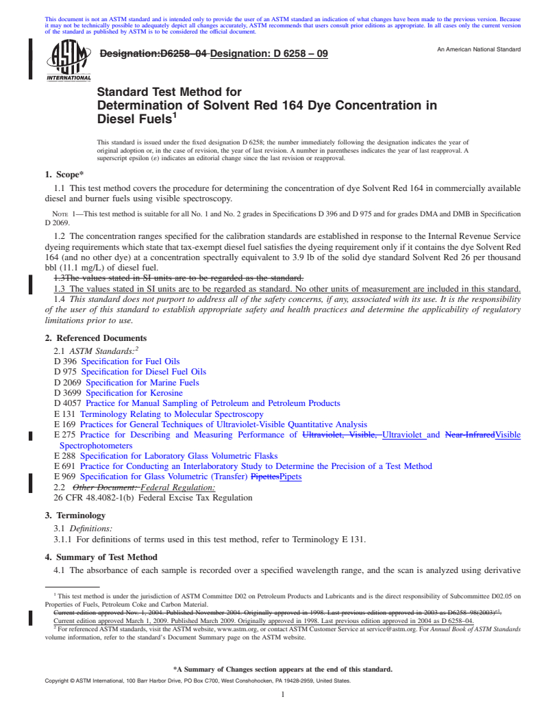 REDLINE ASTM D6258-09 - Standard Test Method for Determination of Solvent Red 164 Dye Concentration in Diesel Fuels