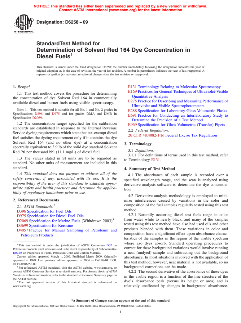 ASTM D6258-09 - Standard Test Method for Determination of Solvent Red 164 Dye Concentration in Diesel Fuels