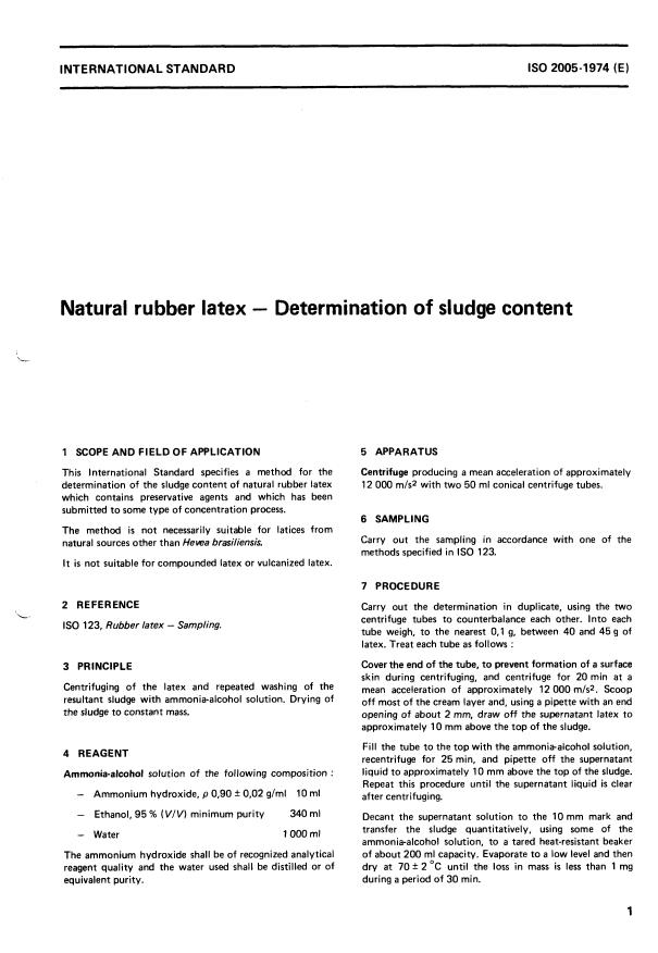 ISO 2005:1974 - Natural rubber latex -- Determination of sludge content