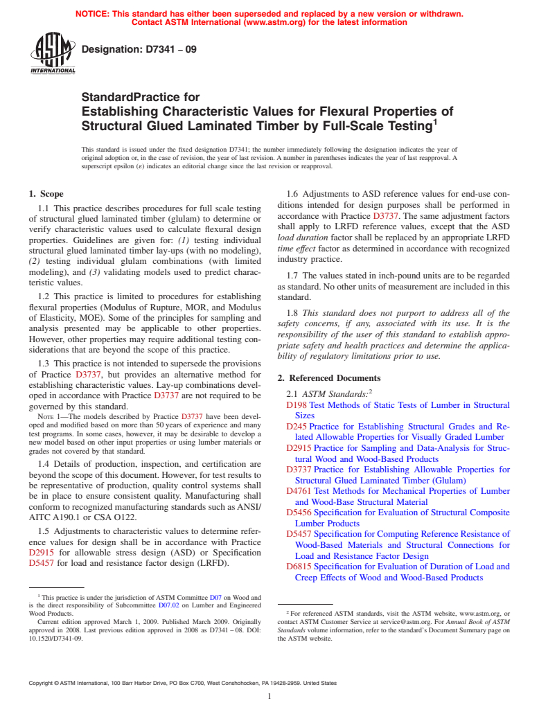 ASTM D7341-09 - Standard Practice for Establishing Characteristic Values for Flexural Properties of Structural Glued Laminated Timber by Full-Scale Testing