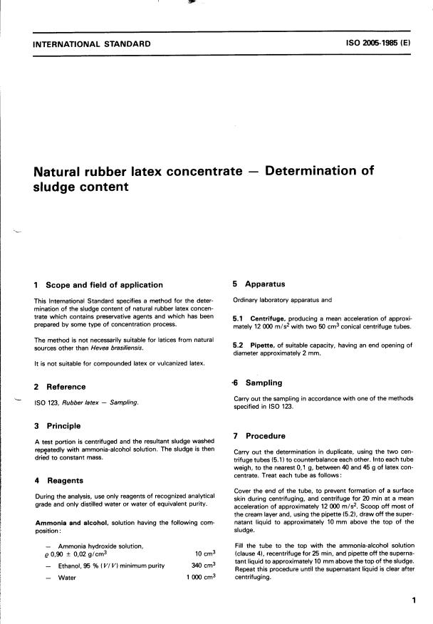 ISO 2005:1985 - Natural rubber latex concentrate -- Determination of sludge content