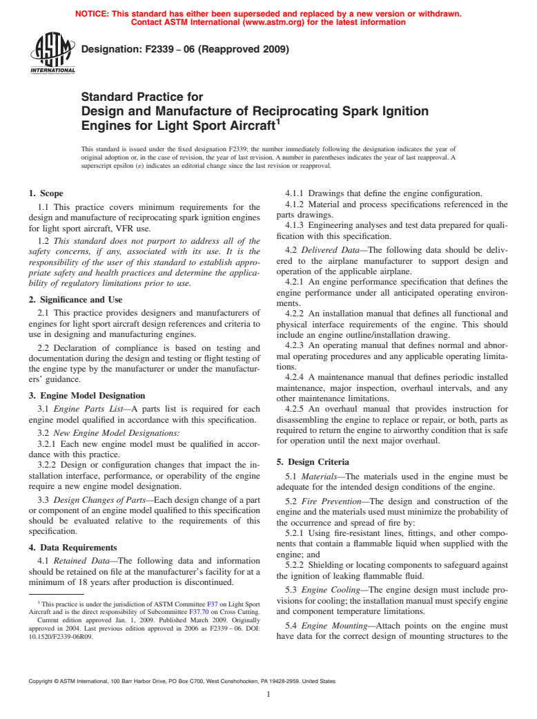 ASTM F2339-06(2009) - Standard Practice for Design and Manufacture of Reciprocating Spark Ignition Engines for Light Sport Aircraft