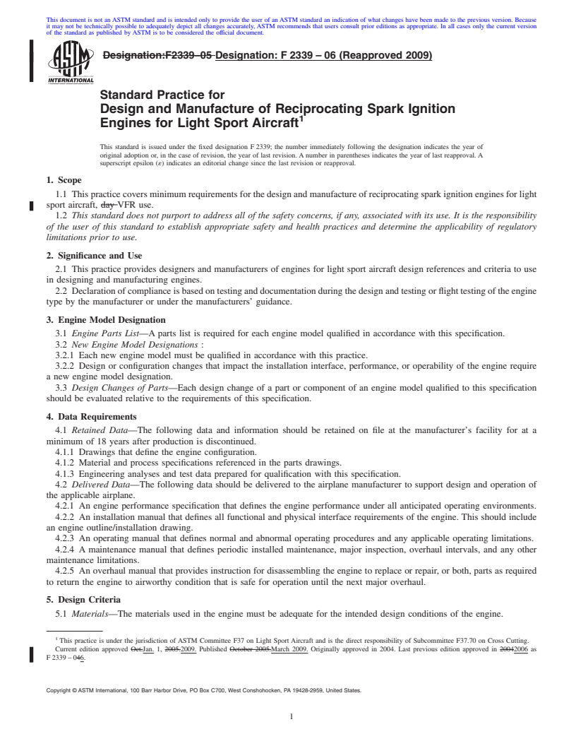 REDLINE ASTM F2339-06(2009) - Standard Practice for Design and Manufacture of Reciprocating Spark Ignition Engines for Light Sport Aircraft