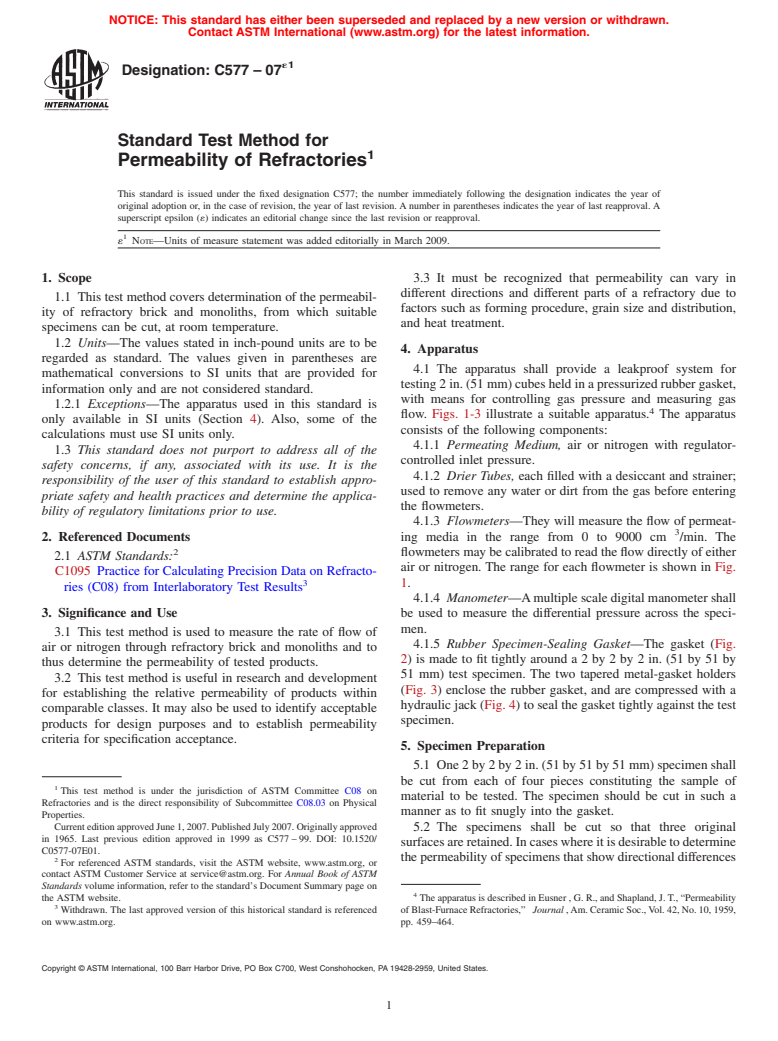 ASTM C577-07e1 - Standard Test Method for Permeability of Refractories