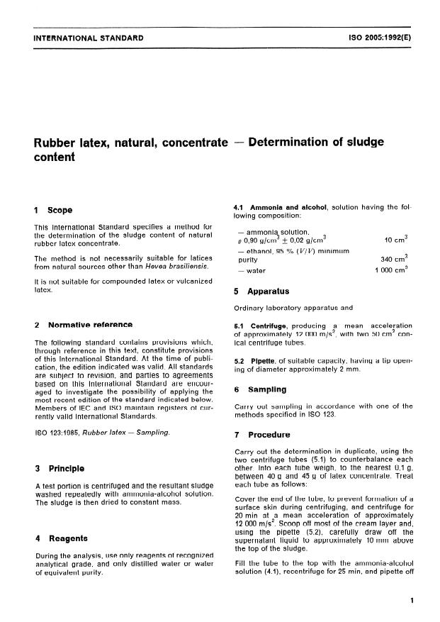 ISO 2005:1992 - Rubber latex, natural, concentrate -- Determination of sludge content