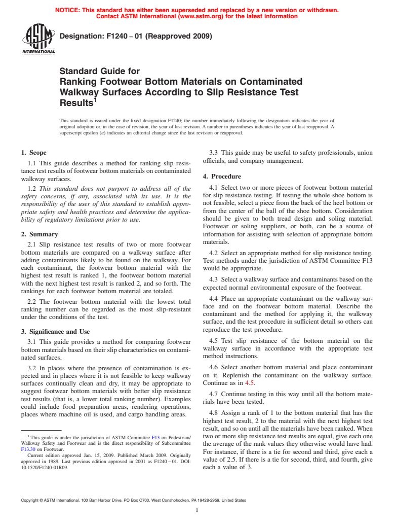 ASTM F1240-01(2009) - Standard Guide for Ranking Footwear Bottom Materials on Contaminated Walkway Surfaces According to Slip Resistance Test Results (Withdrawn 2018)