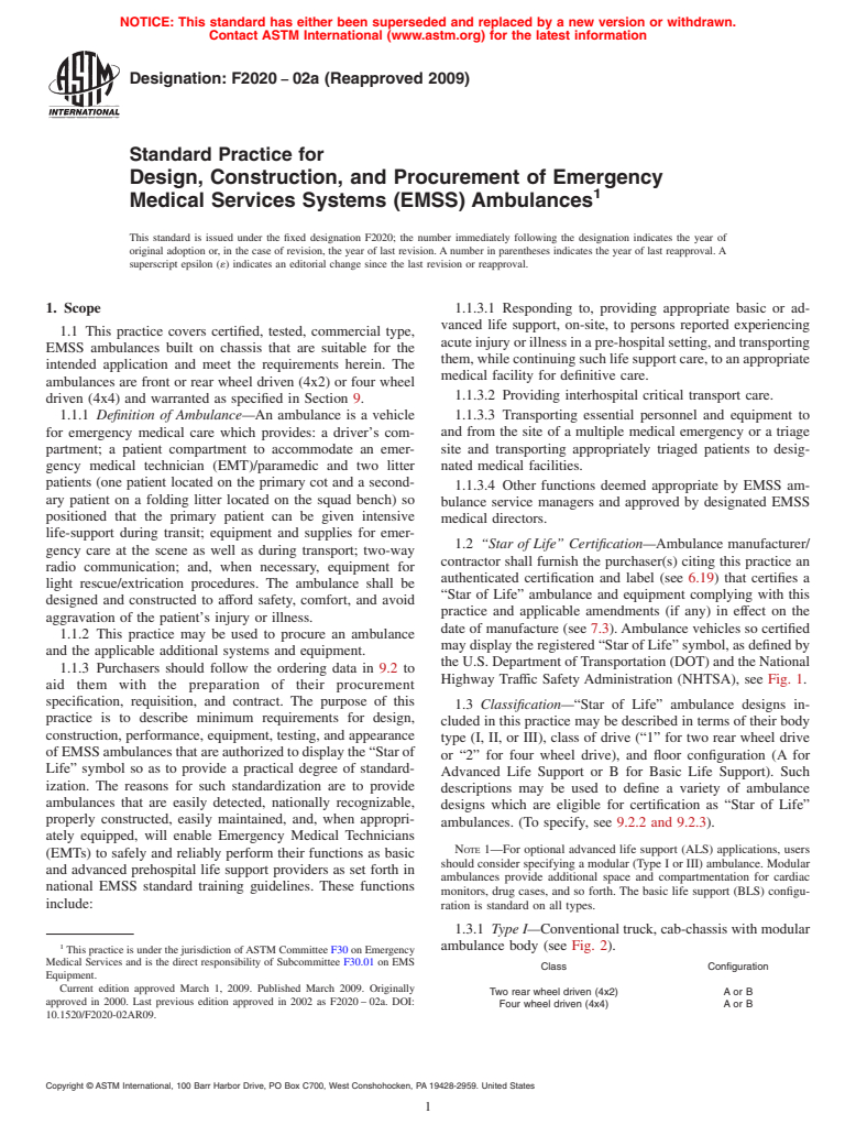 ASTM F2020-02a(2009) - Standard Practice for Design, Construction, and Procurement of Emergency Medical Services Systems (EMSS) Ambulances (Withdrawn 2018)