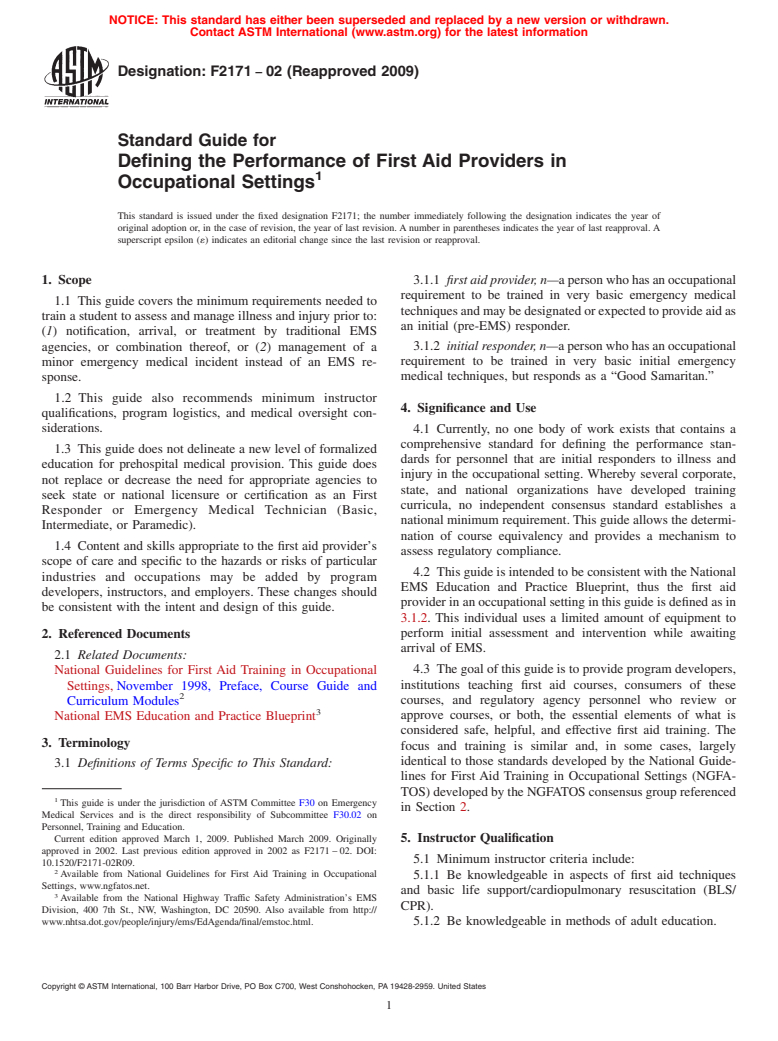 ASTM F2171-02(2009) - Standard Guide for Defining the Performance of First Aid Providers in Occupational Settings (Withdrawn 2018)