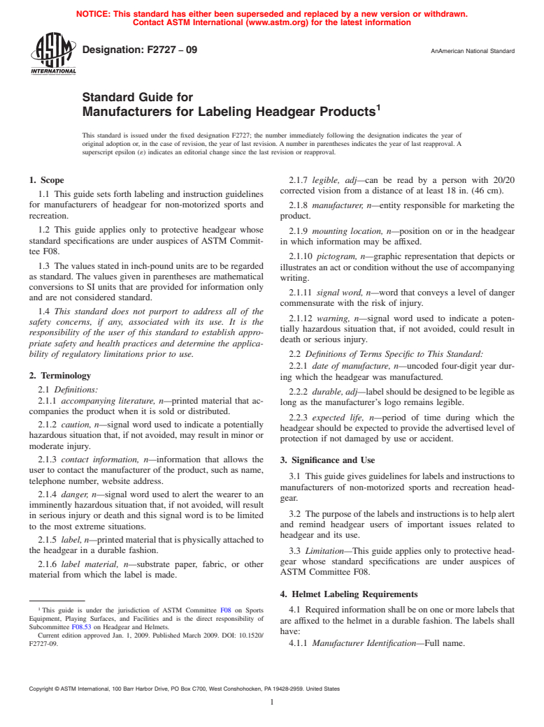 ASTM F2727-09 - Standard Guide for Manufacturers for Labeling Headgear Products