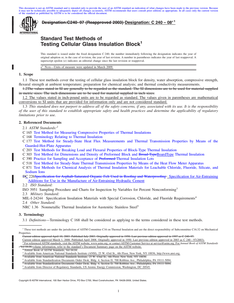 REDLINE ASTM C240-08e1 - Standard Test Methods of  Testing Cellular Glass Insulation Block