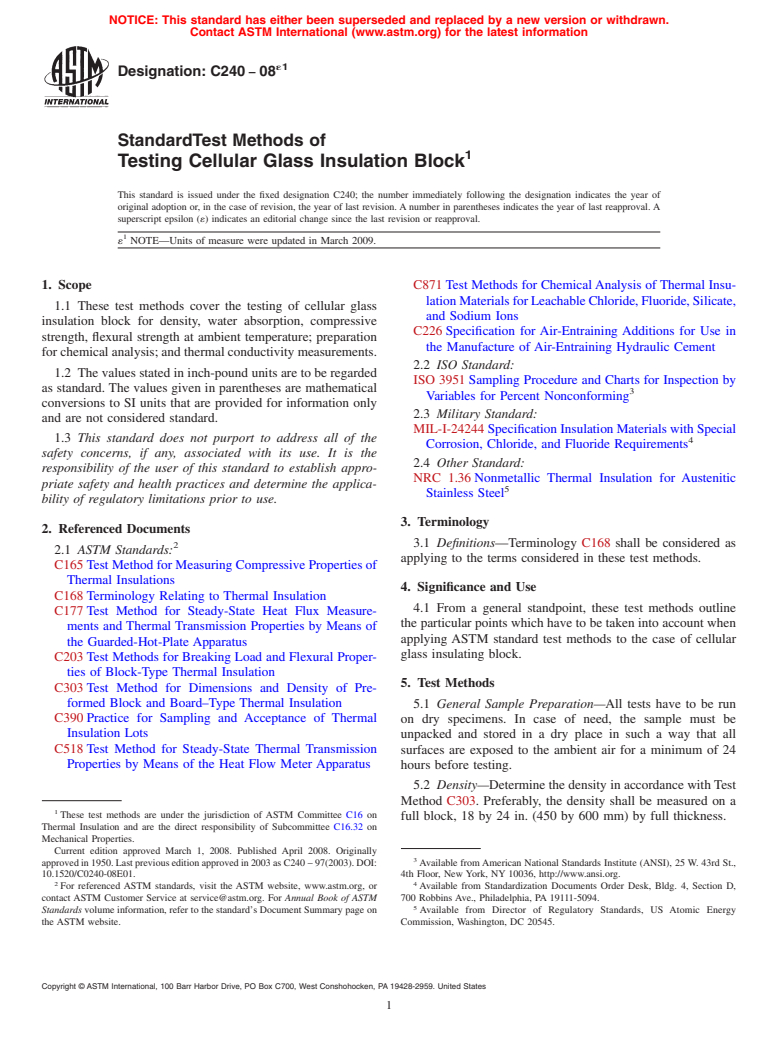 ASTM C240-08e1 - Standard Test Methods of  Testing Cellular Glass Insulation Block