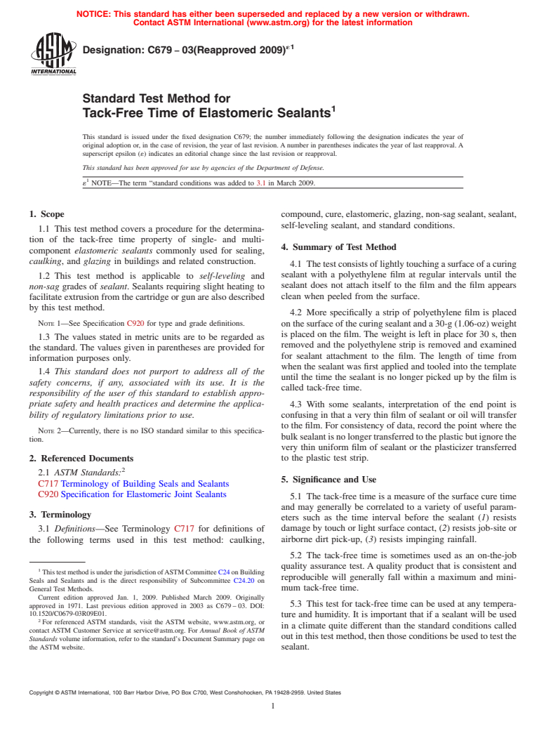 ASTM C679-03(2009)e1 - Standard Test Method for Tack-Free Time of Elastomeric Sealants