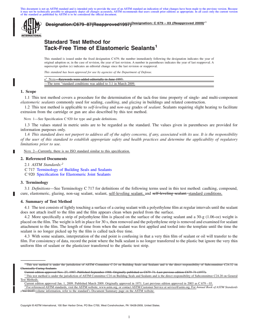 REDLINE ASTM C679-03(2009)e1 - Standard Test Method for Tack-Free Time of Elastomeric Sealants