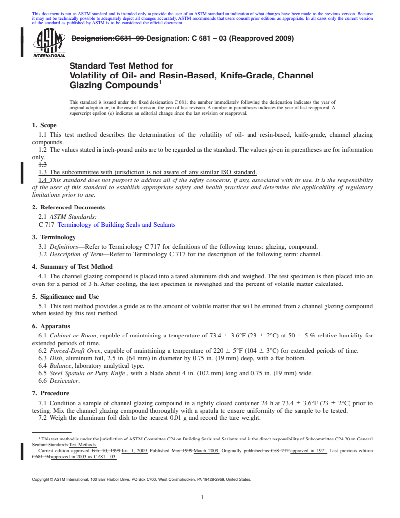 REDLINE ASTM C681-03(2009) - Standard Test Method for Volatility of Oil- and Resin-Based, Knife-Grade, Channel Glazing Compounds