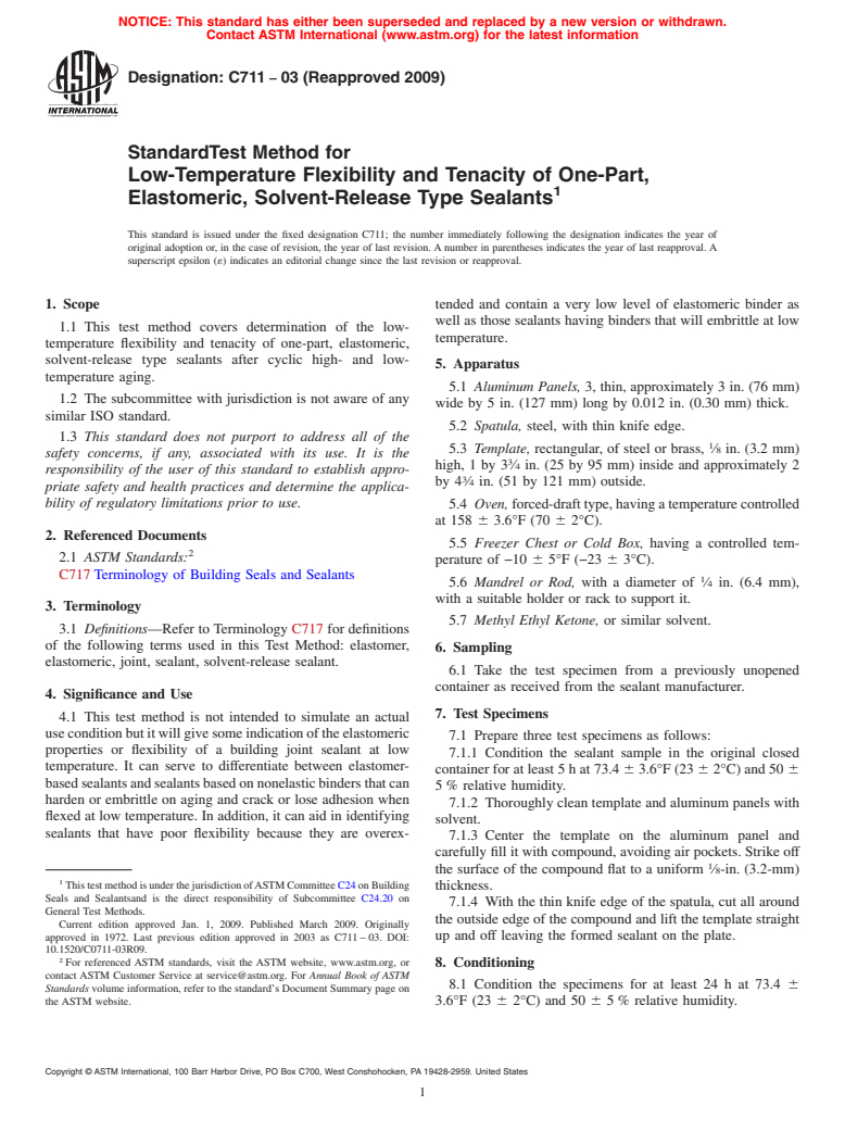 ASTM C711-03(2009) - Standard Test Method for Low-Temperature Flexibility and Tenacity of One-Part, Elastomeric, Solvent-Release Type Sealants