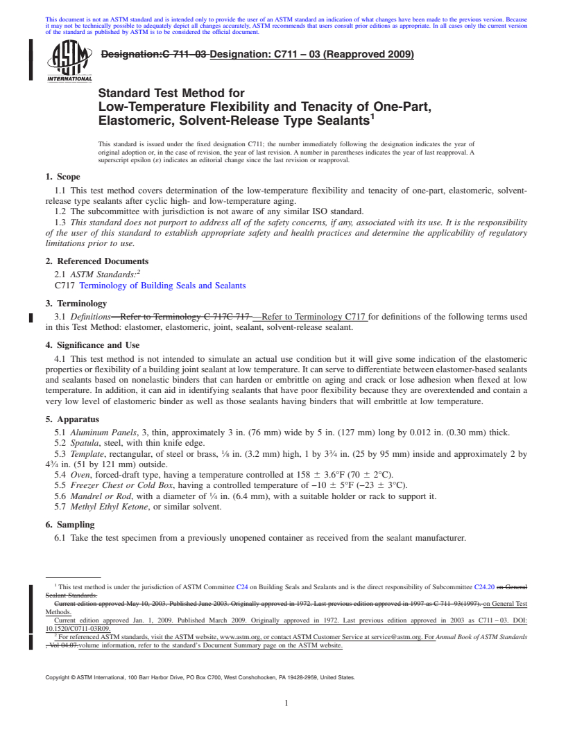 REDLINE ASTM C711-03(2009) - Standard Test Method for Low-Temperature Flexibility and Tenacity of One-Part, Elastomeric, Solvent-Release Type Sealants