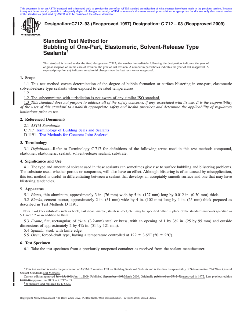 REDLINE ASTM C712-03(2009) - Standard Test Method for Bubbling of One-Part, Elastomeric, Solvent-Release Type Sealants