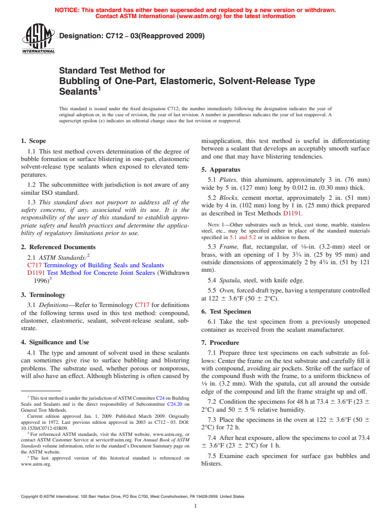 ASTM C712-03(2009) - Standard Test Method for Bubbling of One-Part, Elastomeric, Solvent-Release Type Sealants