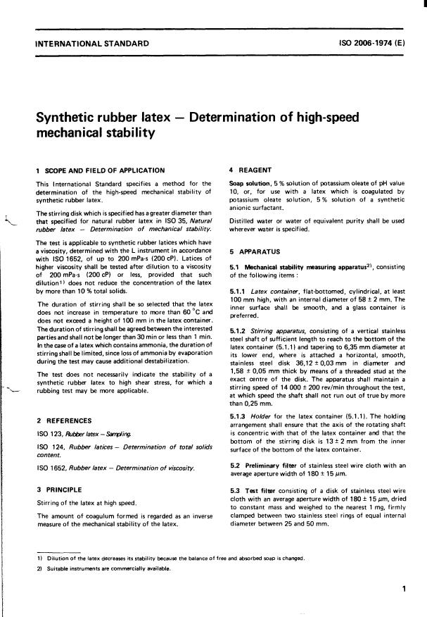 ISO 2006:1974 - Synthetic rubber latex -- Determination of high-speed mechanical stability