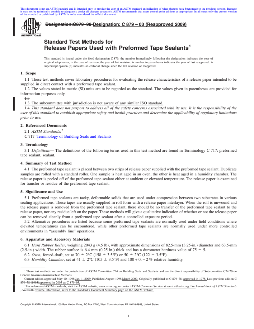 REDLINE ASTM C879-03(2009) - Standard Test Methods for Release Papers Used With Preformed Tape Sealants