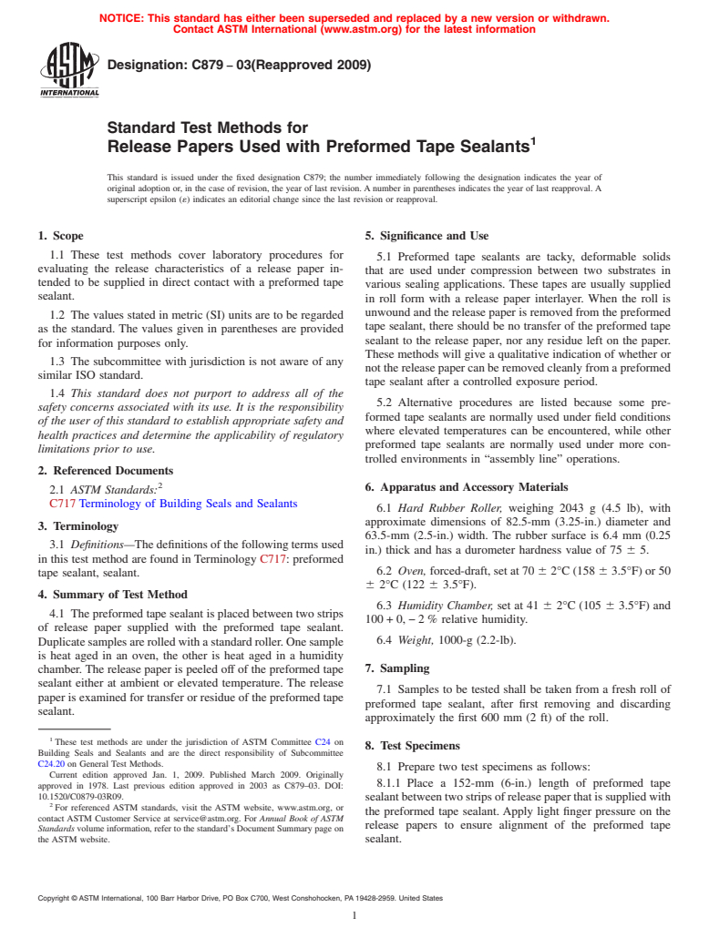 ASTM C879-03(2009) - Standard Test Methods for Release Papers Used With Preformed Tape Sealants