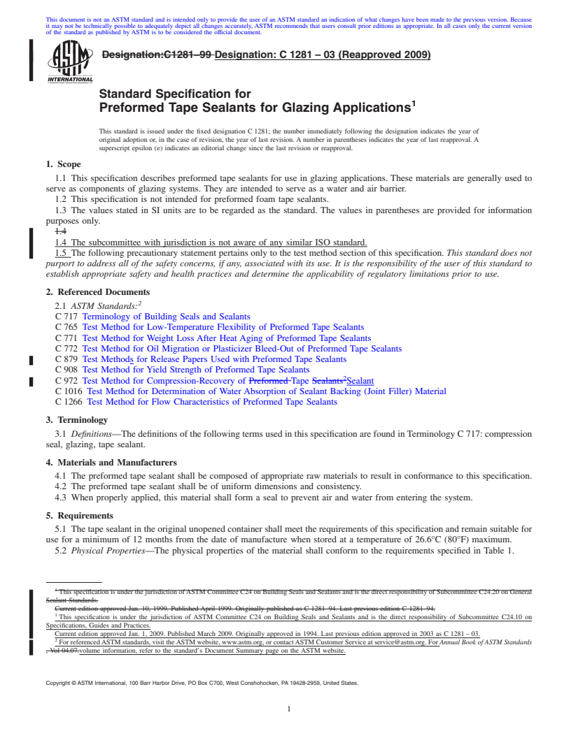 REDLINE ASTM C1281-03(2009) - Standard Specification for Preformed Tape Sealants for Glazing Applications