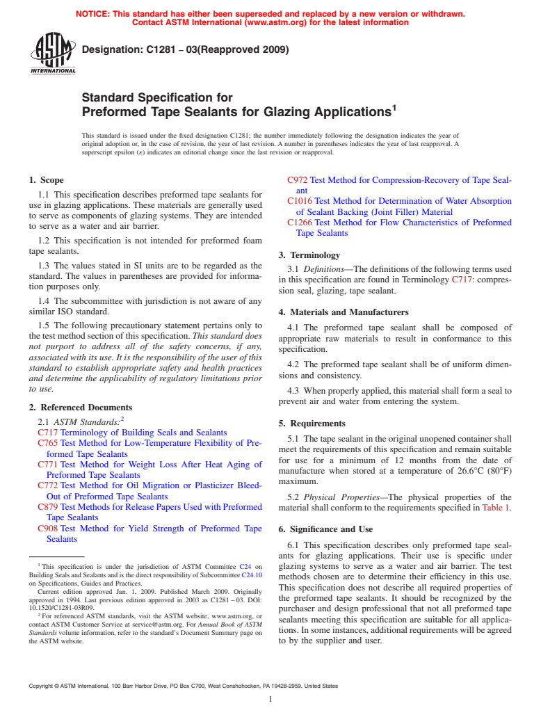 ASTM C1281-03(2009) - Standard Specification for Preformed Tape Sealants for Glazing Applications