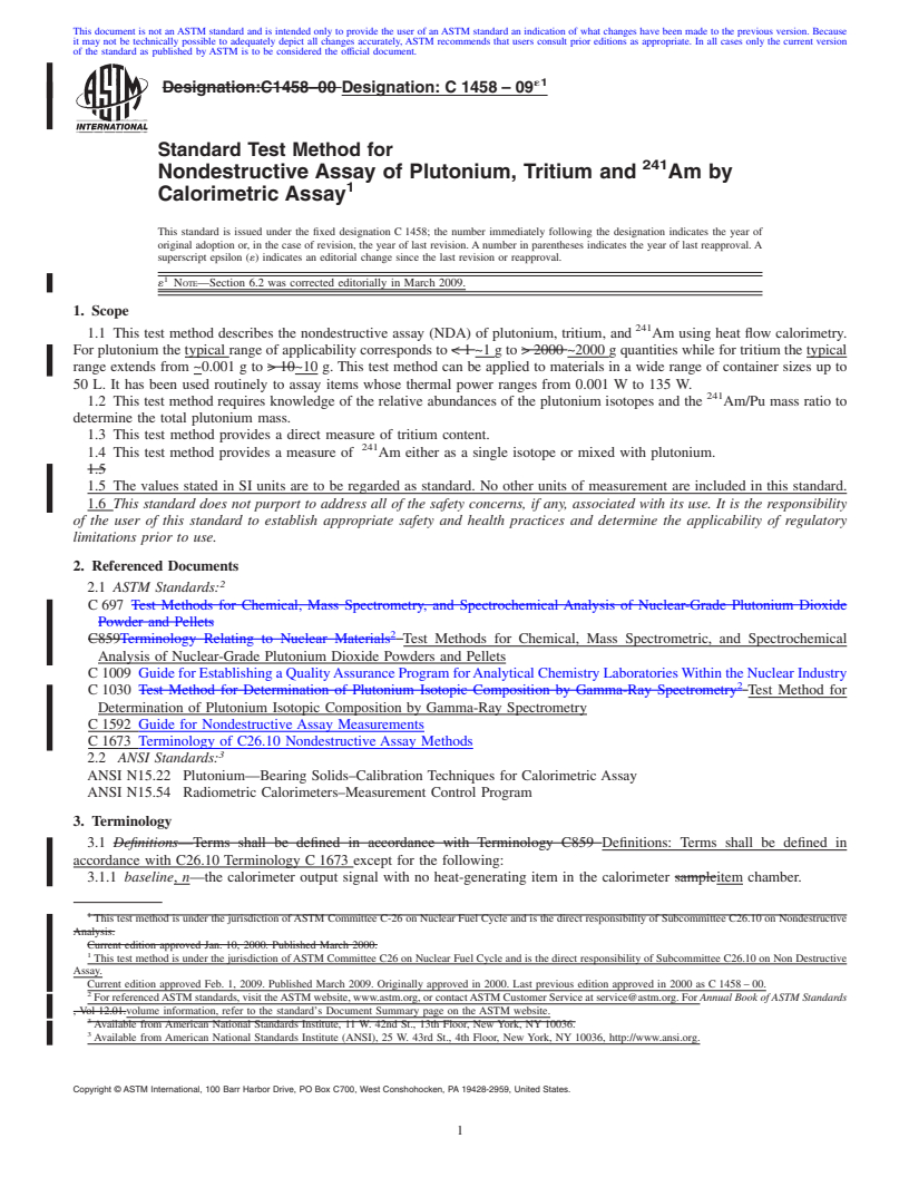 REDLINE ASTM C1458-09e1 - Standard Test Method for Nondestructive Assay of Plutonium, Tritium and <sup>241</sup>Am by Calorimetric Assay