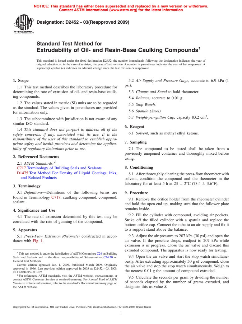 ASTM D2452-03(2009) - Standard Test Method for Extrudability of Oil- and Resin-Base Caulking Compounds