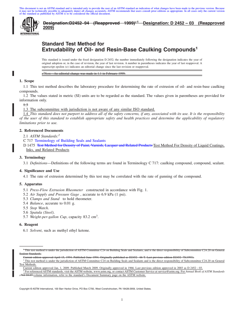 REDLINE ASTM D2452-03(2009) - Standard Test Method for Extrudability of Oil- and Resin-Base Caulking Compounds