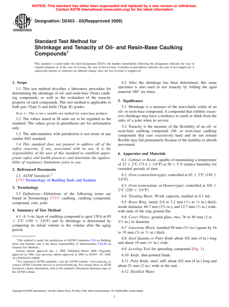 ASTM D2453-03(2009) - Standard Test Method for Shrinkage and Tenacity of Oil- and Resin-Base Caulking Compounds