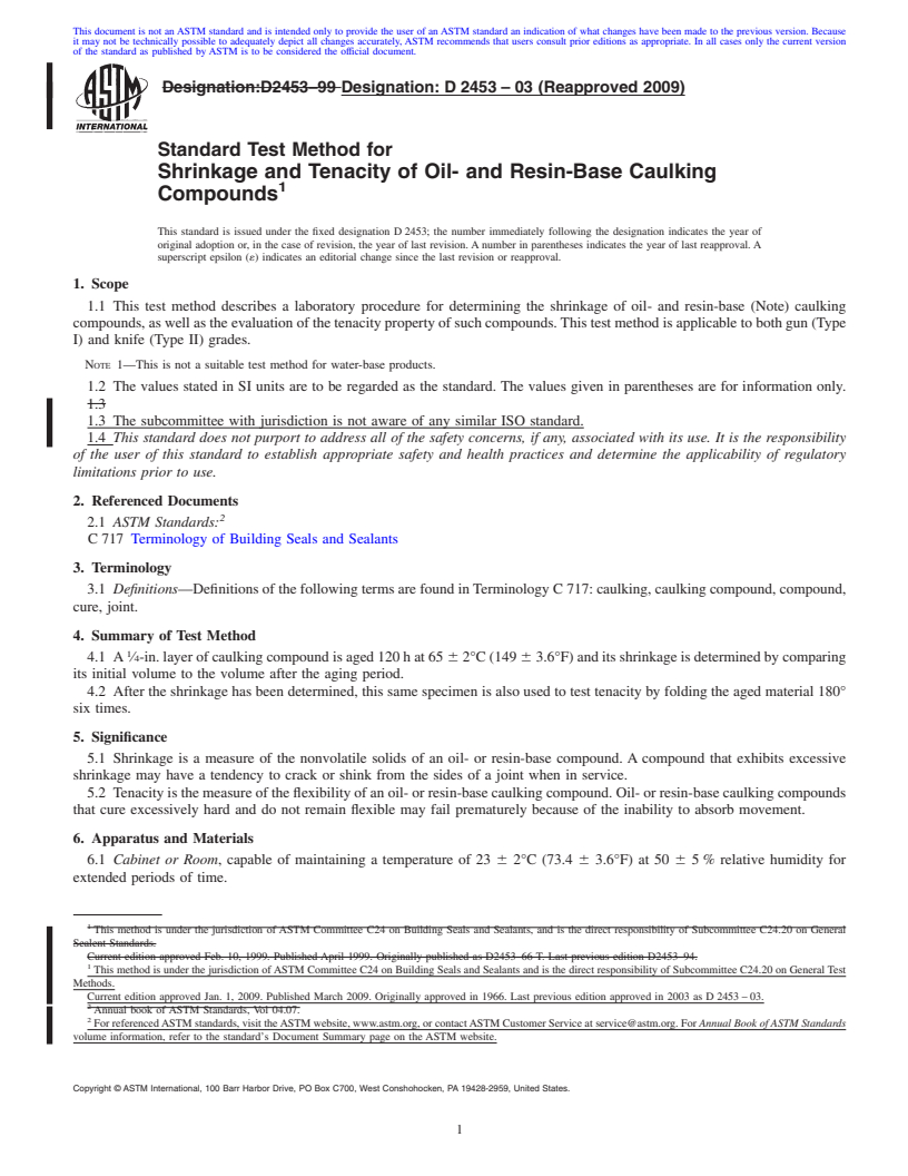 REDLINE ASTM D2453-03(2009) - Standard Test Method for Shrinkage and Tenacity of Oil- and Resin-Base Caulking Compounds