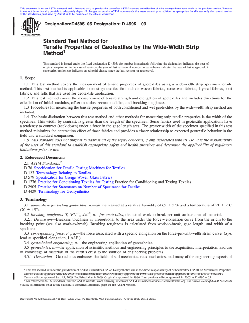 REDLINE ASTM D4595-09 - Standard Test Method for Tensile Properties of Geotextiles by the Wide-Width Strip Method