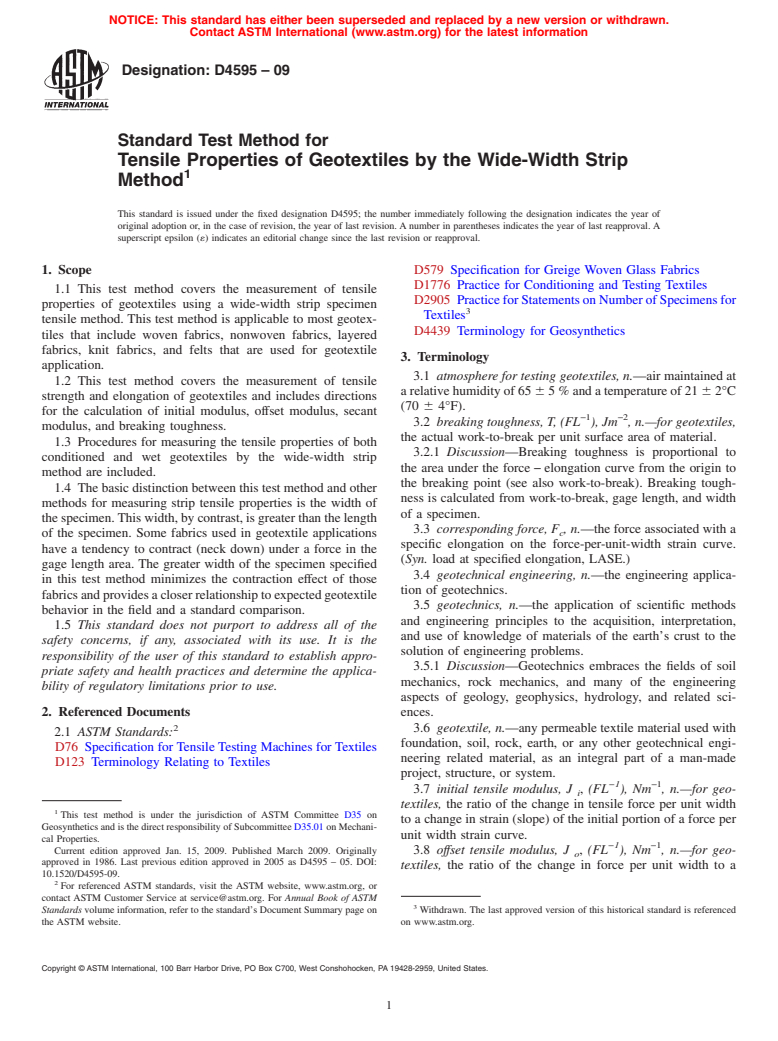 ASTM D4595-09 - Standard Test Method for Tensile Properties of Geotextiles by the Wide-Width Strip Method