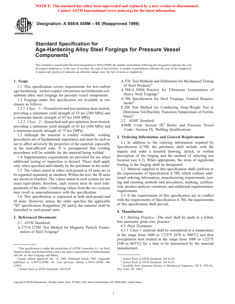 ASTM A859/A859M-95(1999) - Standard Specification for Age-Hardening Alloy Steel Forgings for Pressure Vessel Components