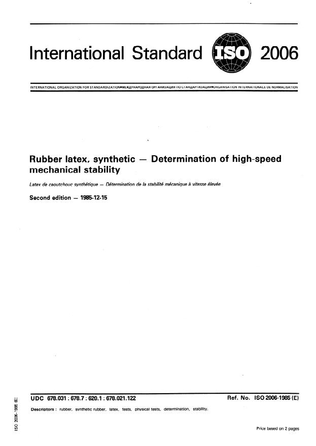 ISO 2006:1985 - Rubber latex, synthetic -- Determination of high-speed mechanical stability